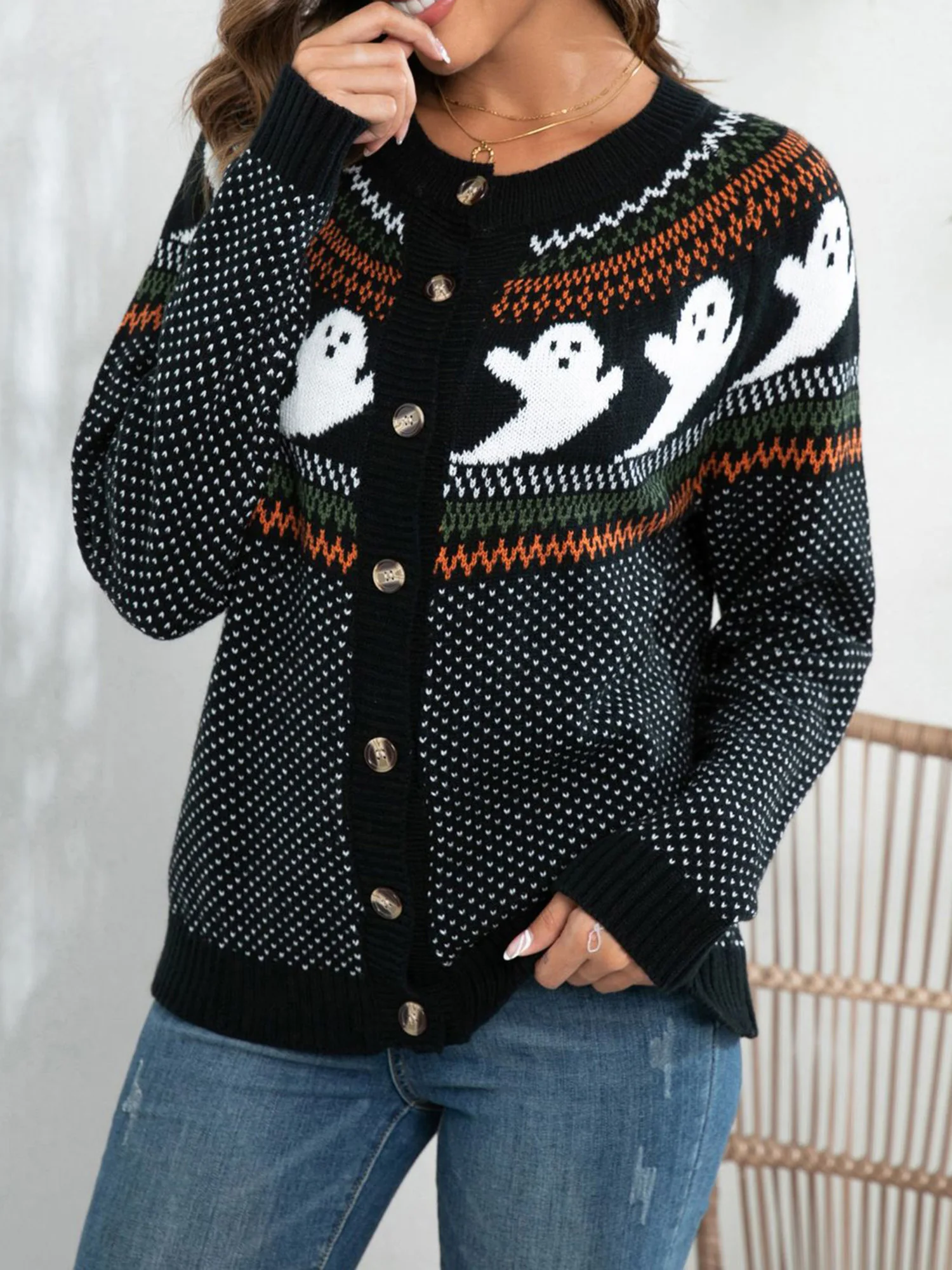 Cardigan boutonné à manches longues et col rond pour femme, imprimé citrouille d'halloween, hauts en tricot pour les fêtes d'automne