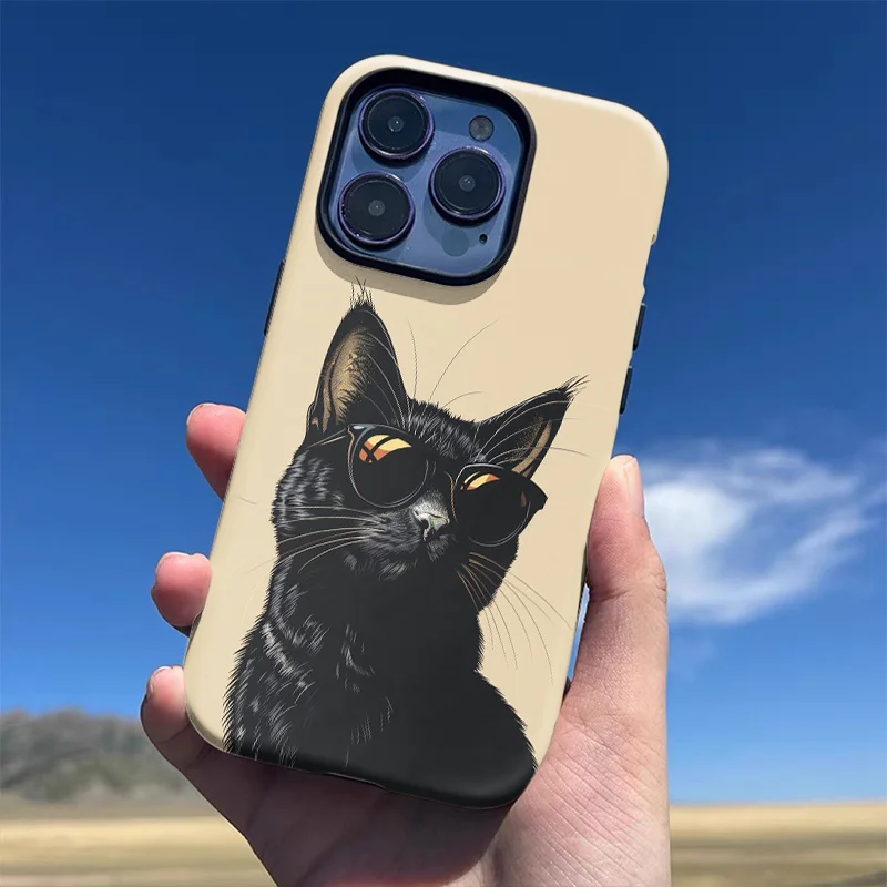 

Stylish black cat with glasses, double protection phone case for iPhone 16 Pro Max, 15 Pro, 13, 11, 12, XS, 8 Plus and 7, gloss