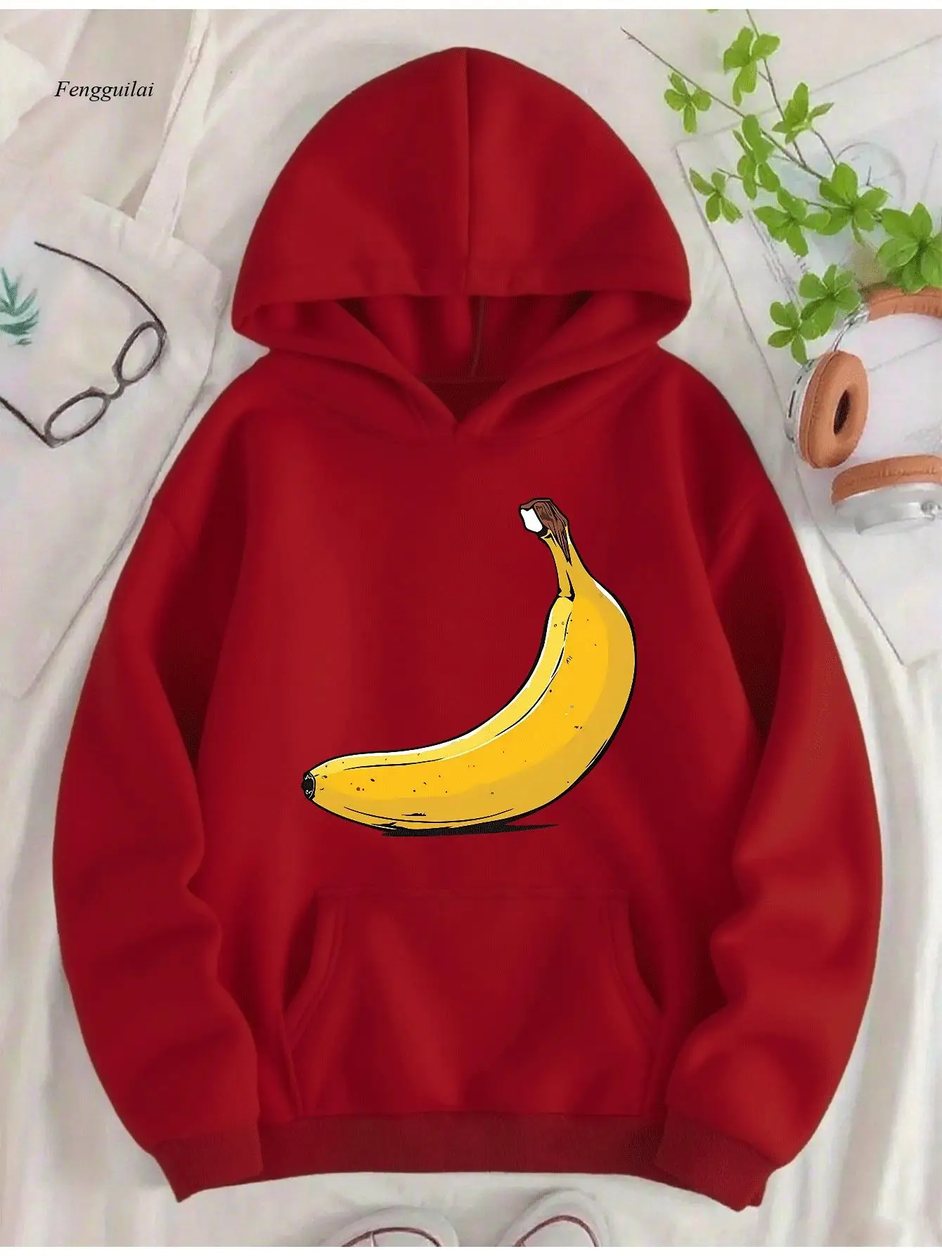 Red Hooded Sweatshirt with Banana Print & Lettering-Cozy Fleece-Lined Hooded Pullover, Drawstring Hood, Casual Winter Warmth
