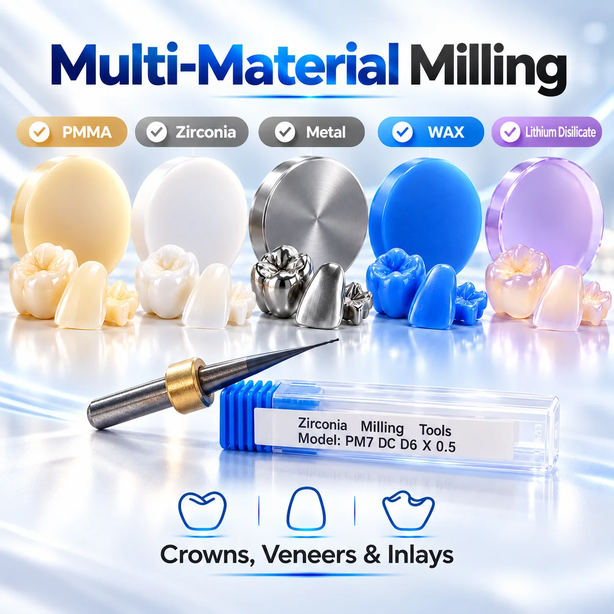 Ivoclar PM7 Dental Milling Burs for Zirconia Lithium Disilicate/Emax PMMA Metal WAX D6 DC Coating CAD CAM System Cutter Tool