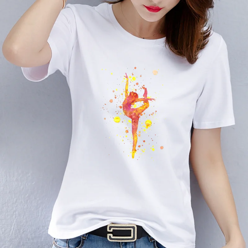 الأكثر مبيعا المرأة الرقص الجمباز جولة الرقبة تي شيرت، قصيرة الأكمام تي شيرت، الكرتون عارضة الأزياء قاعدة قميص