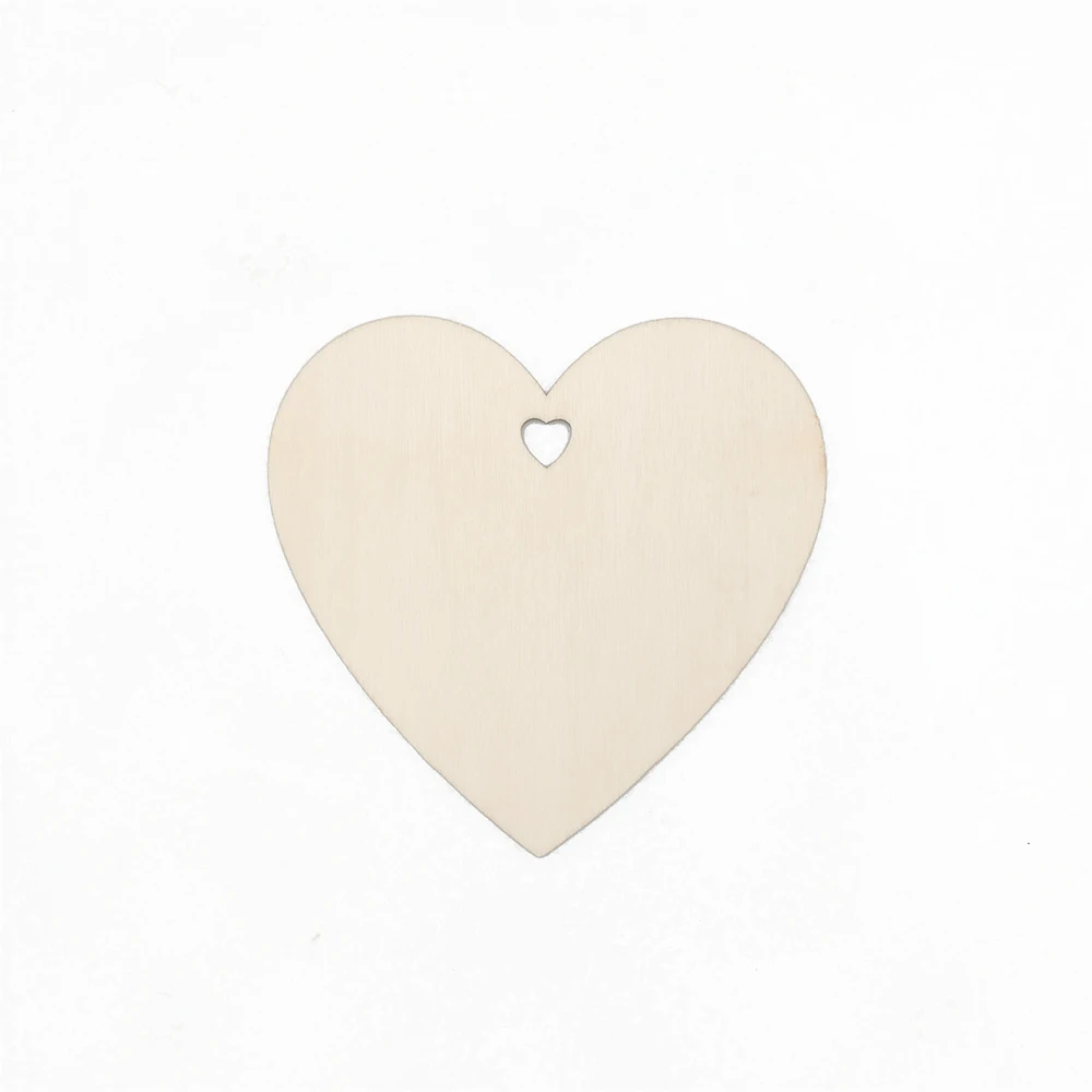 50pcs 100mm Wooden Heart Cutouts Unfinished Heart Wooden Ornaments Wood Crafts Slices with Holes for Wedding Hanging DIY Crafts