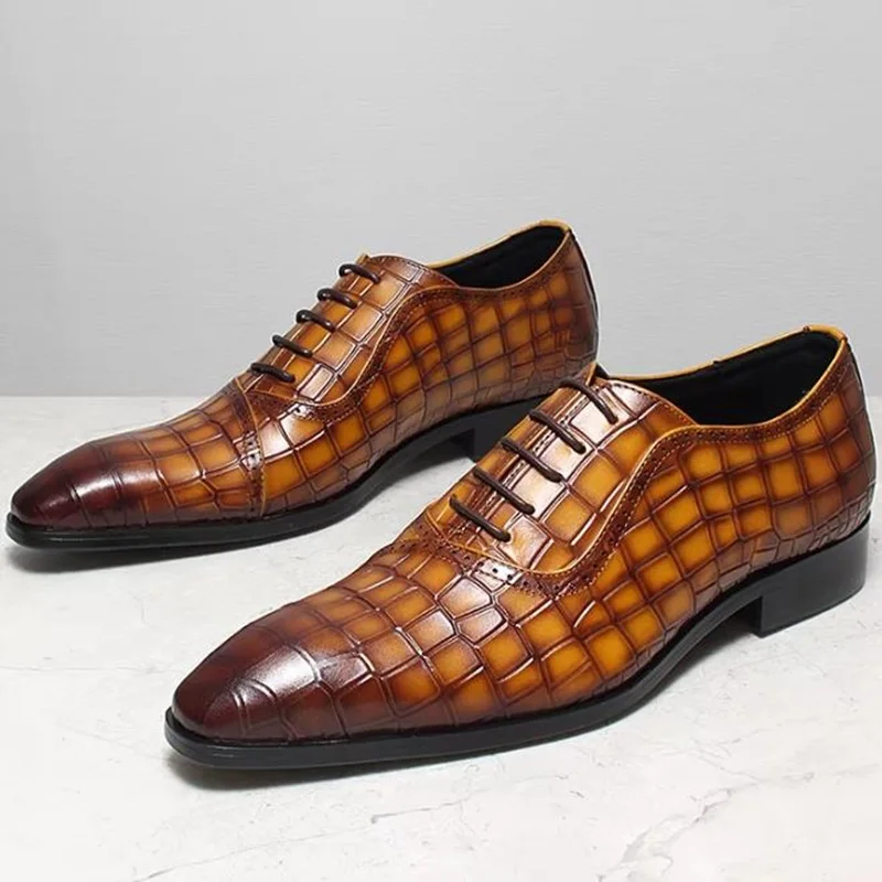 European Style Exquisite Stone Pattern Oxford Leather Shoes For Men Pointed Toe Genuine Leather Dress Shoes Italian Formal Shoes