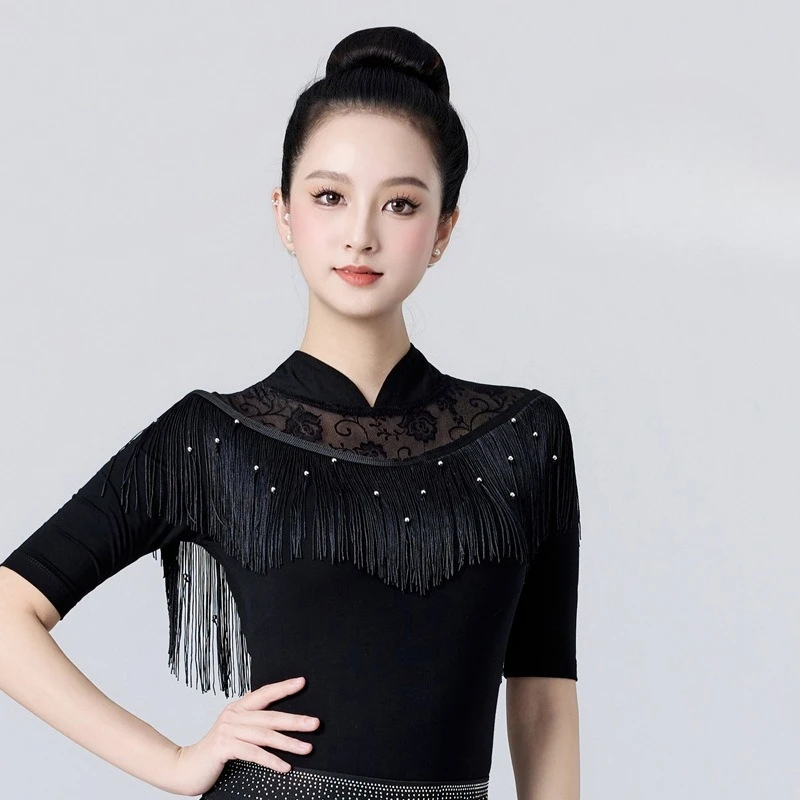 여성용 뉴 라틴 및 볼룸 댄스 탑 - 성인용 프리미엄 슬림핏 몸매를 돋보이게 하는 에티켓 모던 댄스 트레이닝 웨어