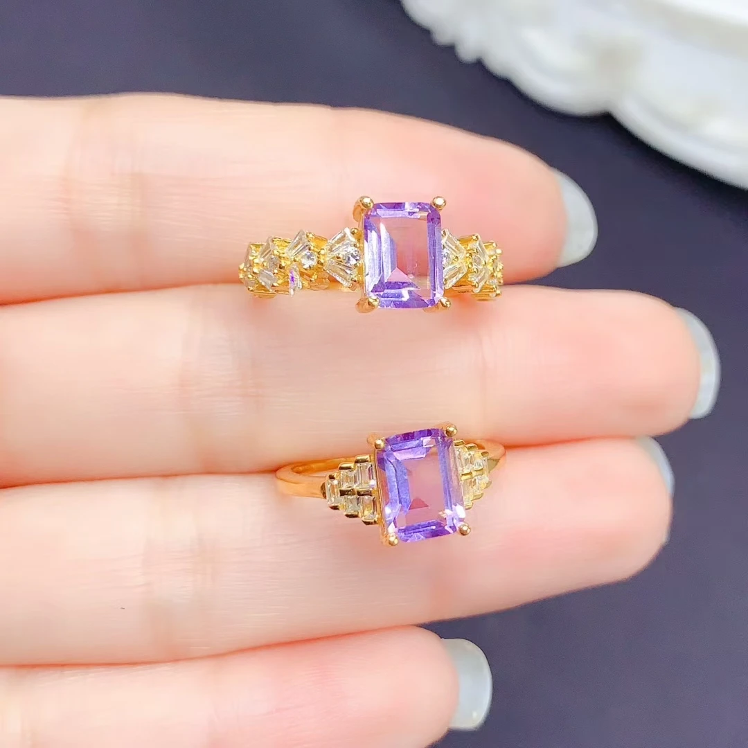 18K مطلية بالذهب جمشت الدائري 1.2ct 6 مللي متر * 8 مللي متر VVS الصف الجمشت الطبيعي خاتم فضة للنساء مكتب 925 الفضة كريستال مجوهرات