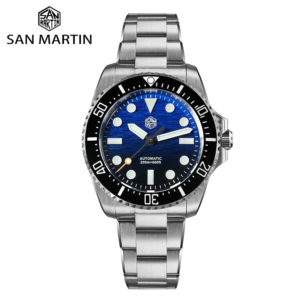 

San Martin SN0126 38mm Luxury Men Dive Watch Miyota 90S5 Automatic Gradient Blue Wave Dial BGW-X1 Lume OTF Adjust Bracelet 20ATM