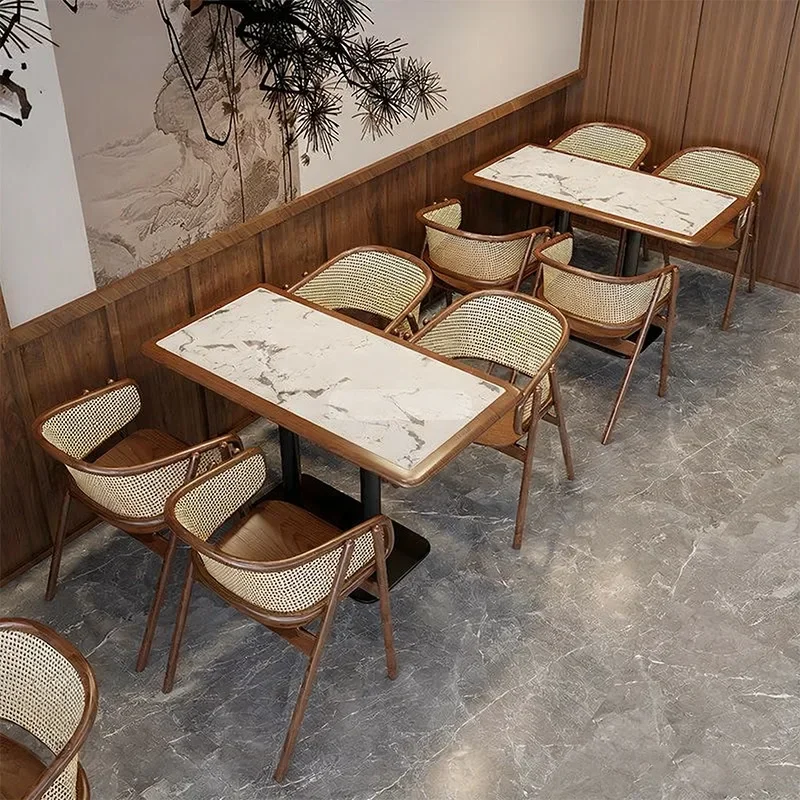 South East Asia Tea House Card Block Thai Hotel Commercial Table and Chair Restaurant Solid Wood Rattan Hot Pot Shop Rock