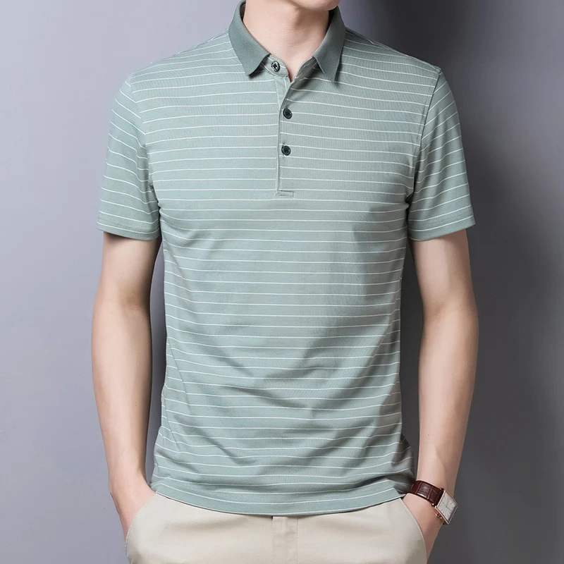 

Brand Summer Men Polo Shirt New Turn-Down Short Sleeved Oversized Shirt Male Cotton Striped Business Casual Men Clothing