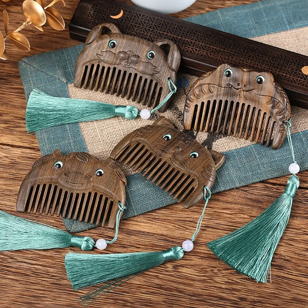 

Cute Wooden Hair Comb Massage Comb Fine Tooth Comb Hair Styling Tool Head Acupuncture Point with Tassels Beard Brush Pocket Comb