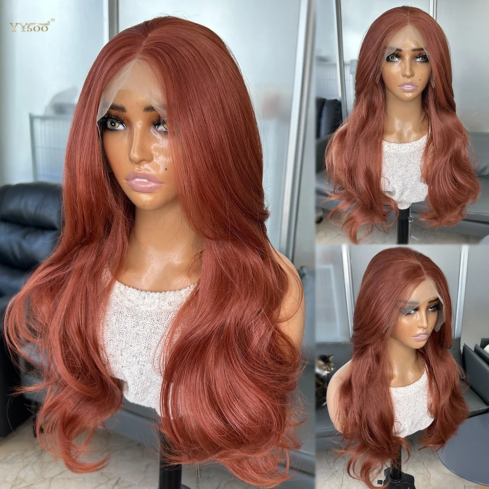 

Body Wave Middlre Part High Temperature Glueless Half Hand Tied Wig 350# Brown 13x4 Futura Synthetic Lace Front Wig with Bangs