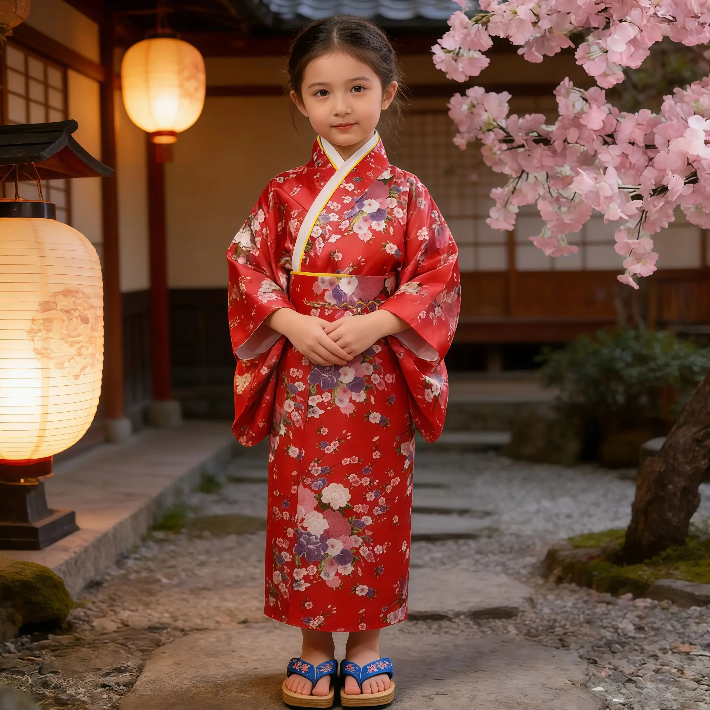 Yukata Dress Sakura Print Japanese Kimono Bathrobe Sets For Girls' Cosplay School Performances Traditional Haori Holiday Costume