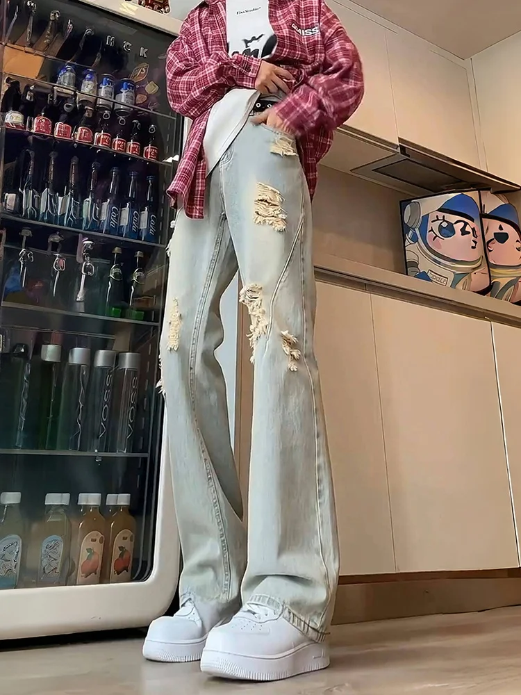 

Cleanfit Men's Summer Thin Straight Leg Jeans High Waist Torn Denim Pants Long Loose Straight Cut High Rise Straight Leg Jeans