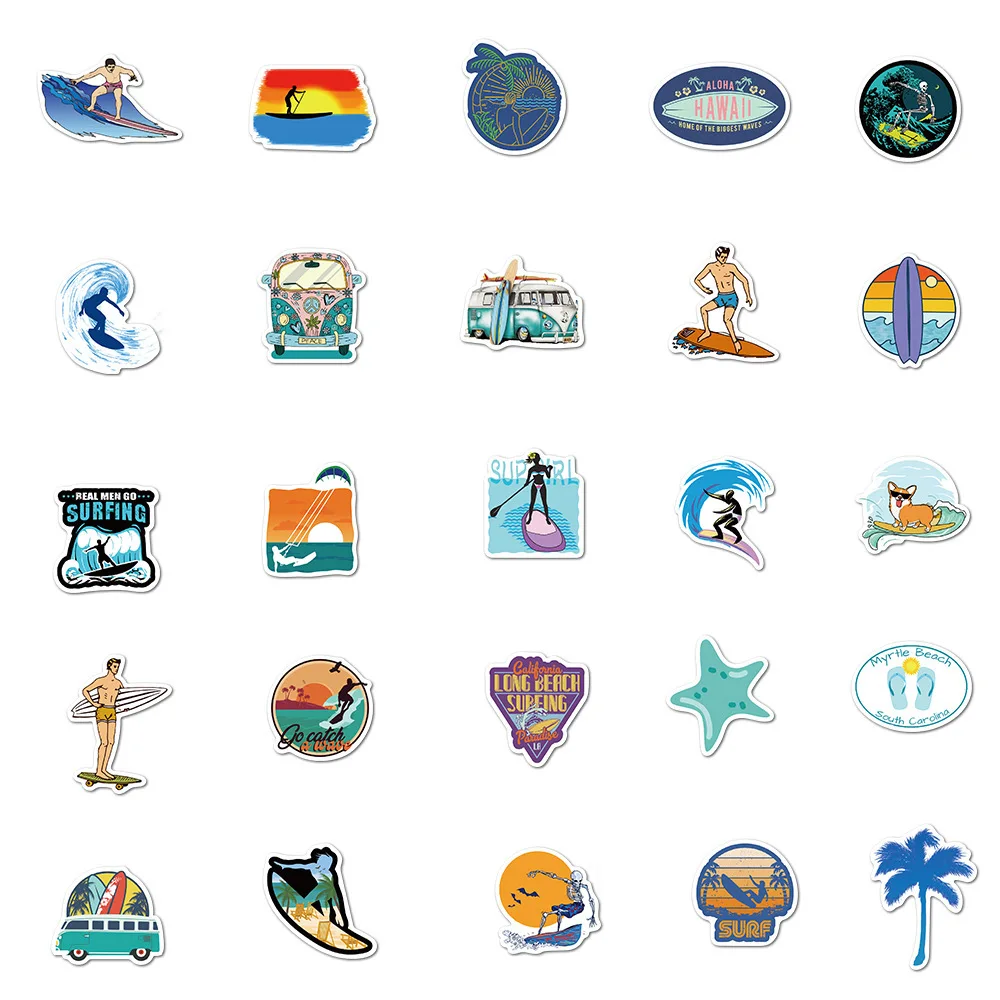 10/30/50PCS Summer Beach Surf Cartoon Personality Creative Graffiti Sticker Suitcase Desk  Computer Waterproof Sticker Wholesale