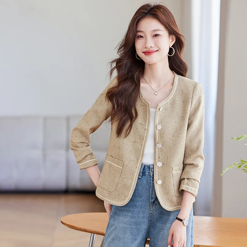 High quality short blazer for women single breasted long sleeve new spring 2025 elegant fashion office clothes - beige khaki