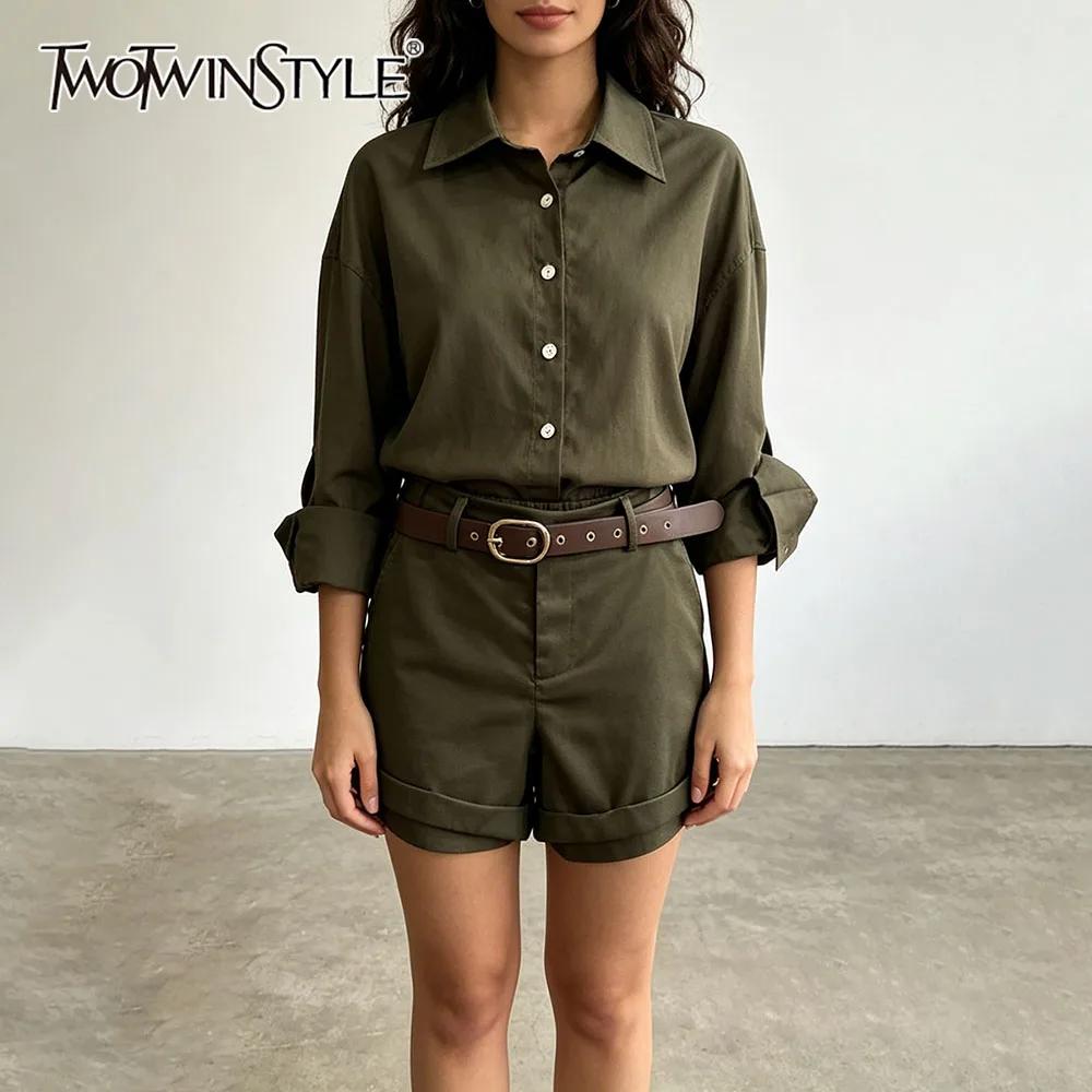 TWOTWINSTYLE ArmyGreen Two Piece Set For Women Lapel Roll Up Sleeve Button Down Shirt Cargo Shorts With Belt Casual Daily Outfit