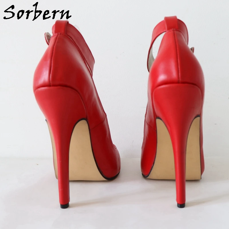 Sorbern 14Cm High Heel Women Pump Shoes Sissy Boy Ankle Straps With Lock Pointed Toe Real Leather Red Matt Evening Party Shoe