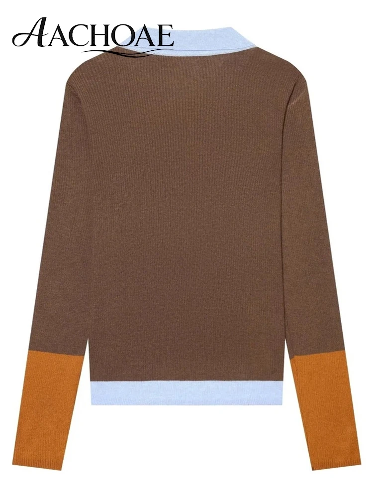AACHOAE Women Colorblock Ribbed Knit Polo Sweater Long Sleeve Button Collar Slim Pullover Vintage Preppy Casual Knit Top