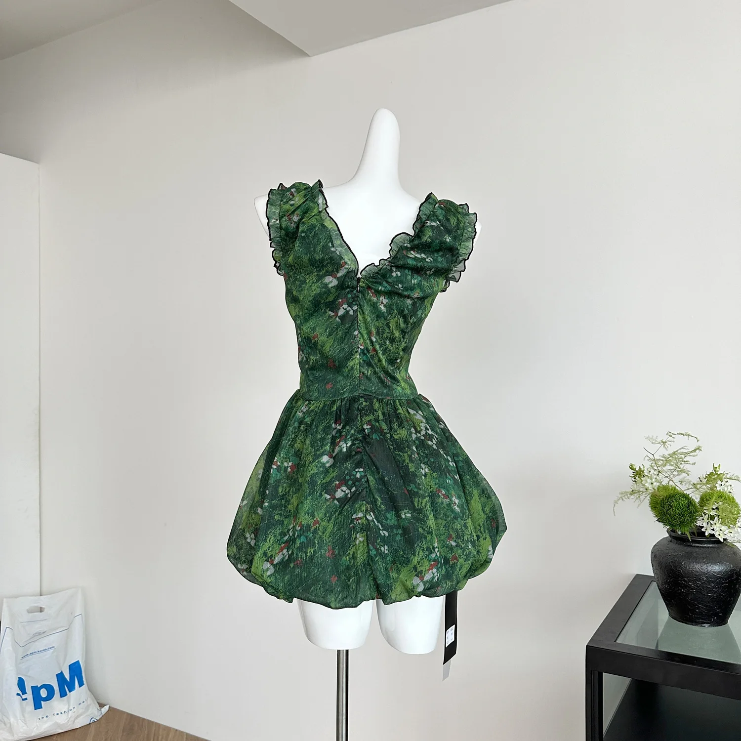 UMI MAO Summer Dress Elegant Forest Elf Girl Sensation Ink Green Chiffon Mushroom Edge Bubble Skirt Dress