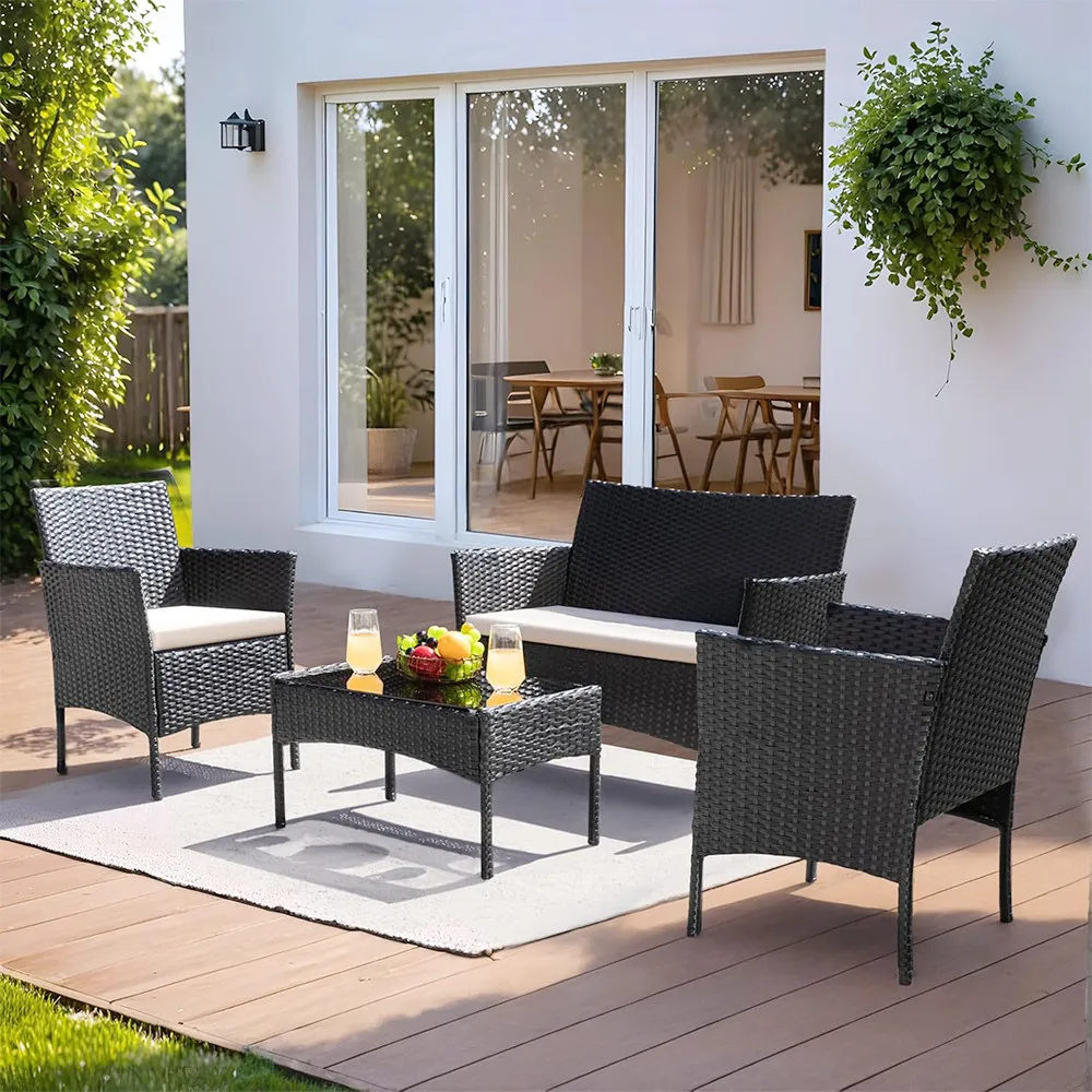 

4PCS Outdoor Patio Rattan Furniture Set Cushioned Sofa Coffee Table Conversation