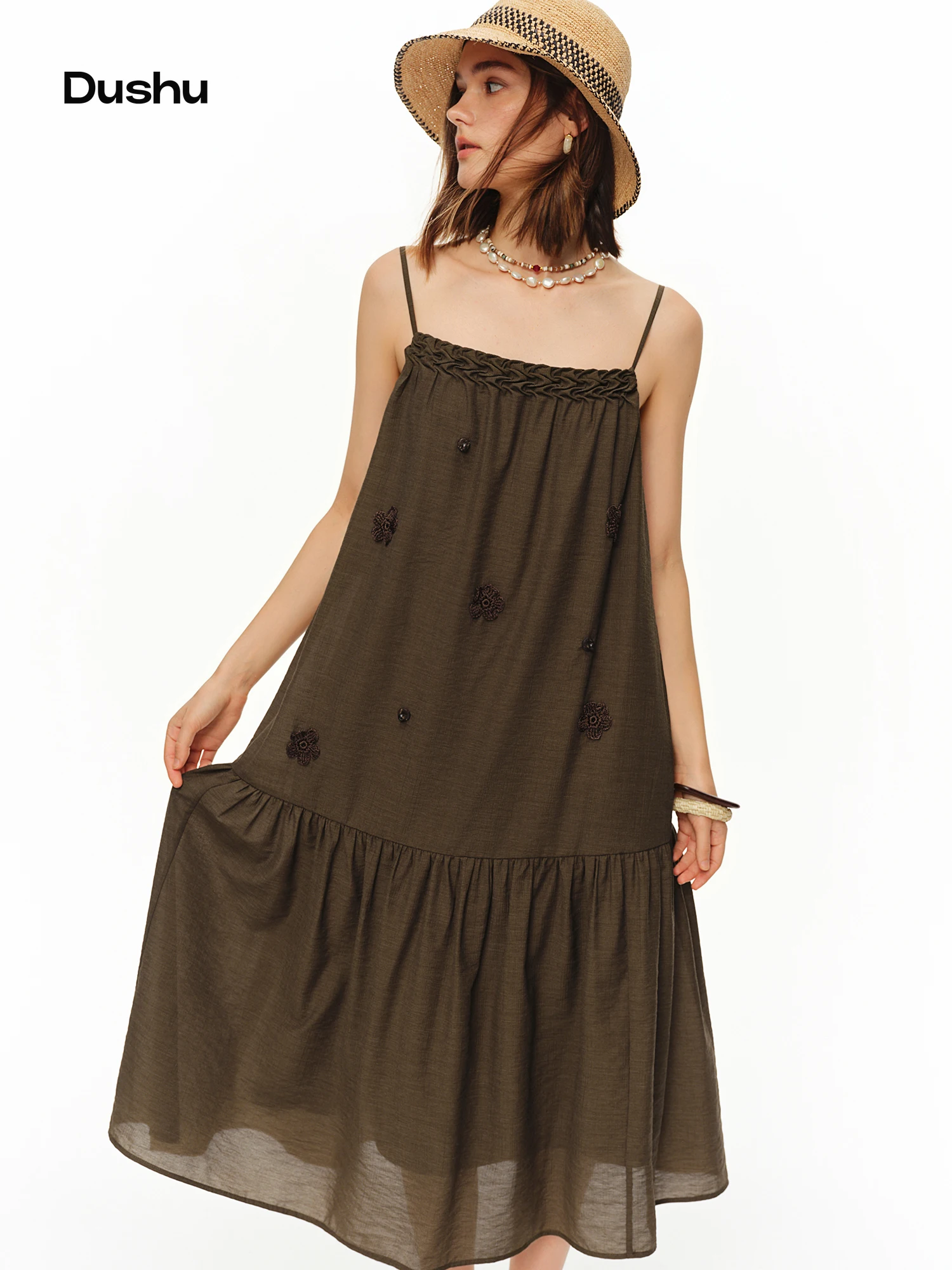 

DUSHU Women's Three-Dimensional Crochet Folded Slip Dress 2026 Summer New Arrival Natural Style Slim-Fit Elegant Long Dress