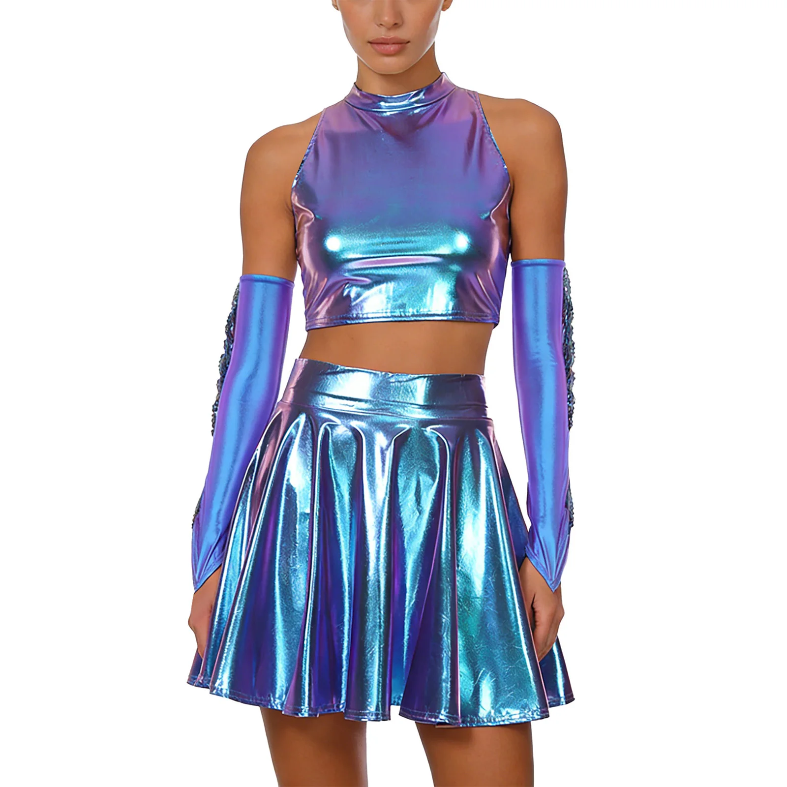 

Women Metallic Club Jazz Dance Costume Disco Modern Dance Set Sleeveless Vest Miniskirt and Fingerless Gloves Pole Dance Outfits