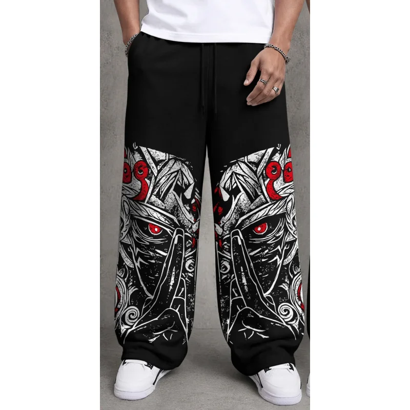 Men Bold Dark Samurai Mask Print Wide Leg Casual Pants, Streetwear Fashion Style, Perfect  Everyday Casual Wear & Urban Outings