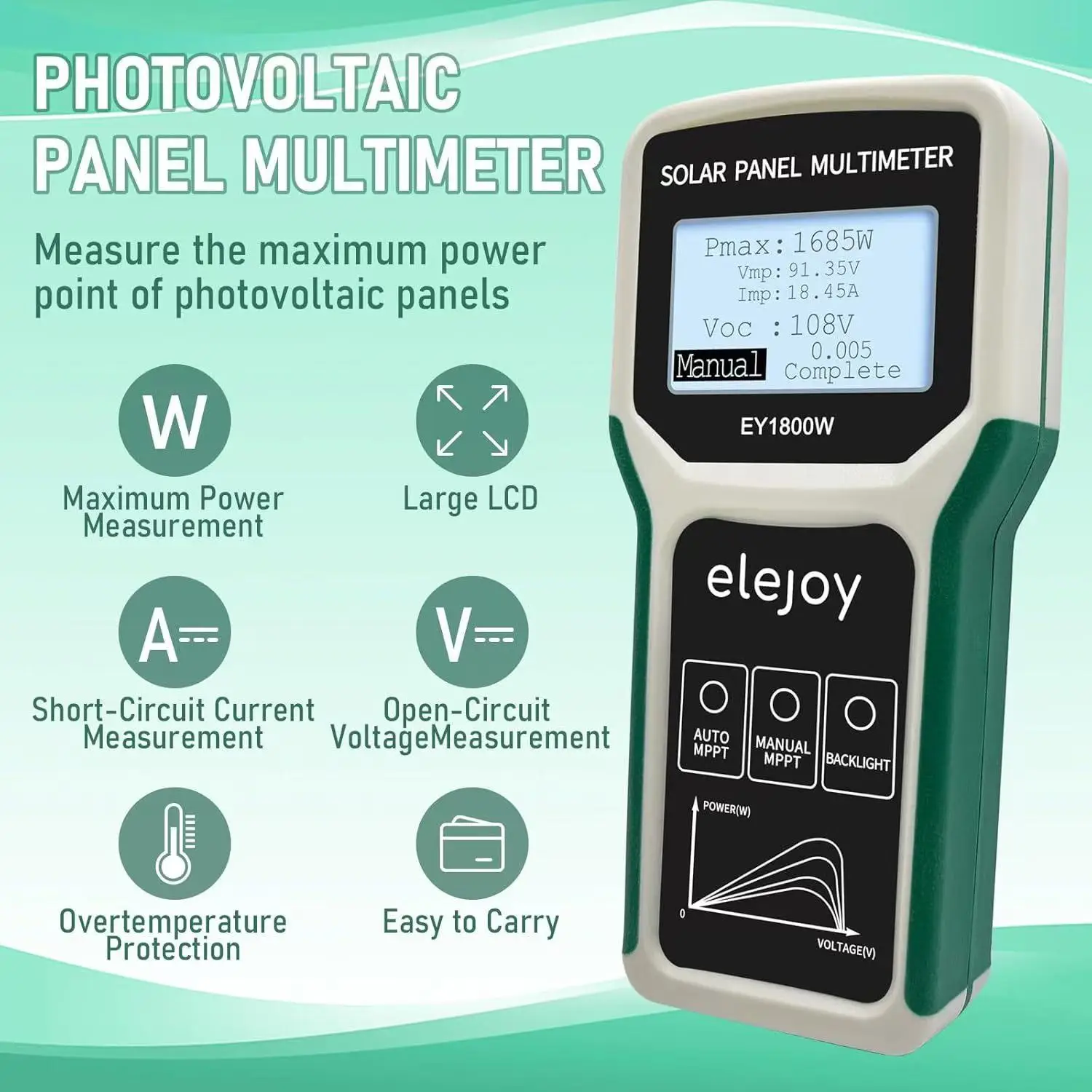 EY-1800W zonnepaneeltester en MPPT-multimeter-PV-datetestkit voor thuis/commercieel gebruik, 20-120V/0-60A zonnesysteemanalysator