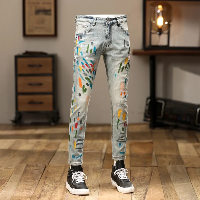 High Street Fashion Men Jeans Retro Washed Blue Stretch Skinny Fit Ripped Jeans Men Printed Designer Hip Hop Denim Pencil Pants