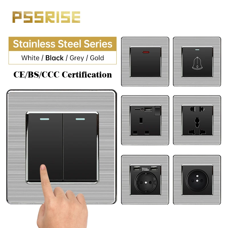 

PSSRISE 86 EU FR UK Wall Switch Socket with 5V 2.1A USB Charger Stainless Steel Panel Light Switch TV TEL Computer Power Outlet