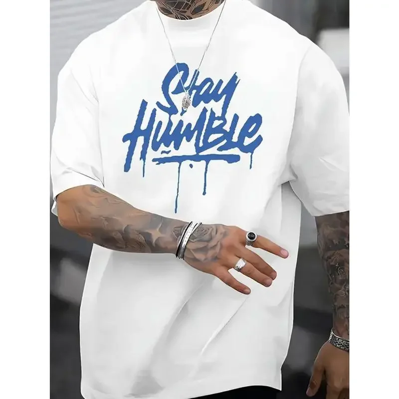 Men's Baggy Oversized Loose Short-Sleeve Cotton T-Shirt, Stay Humble Letter Print Casual Novelty Graphic Tee, Moisture-Wicking Crew Neck Summer Streetwear Sport Top, Shortsleeve