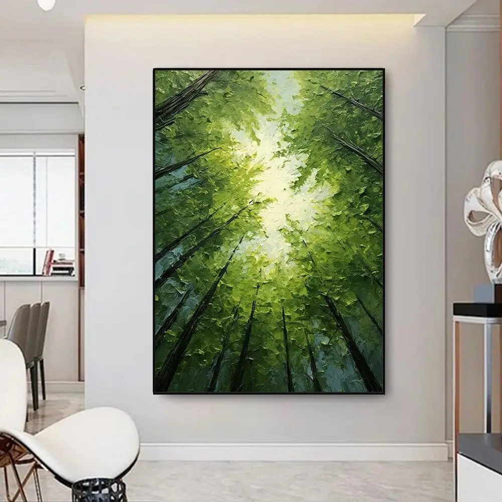 Green Forest Art Painting  Abstract Textured Wall Art Paintings Skyward View Trees Art Living Room Art Natural Scenery Painting