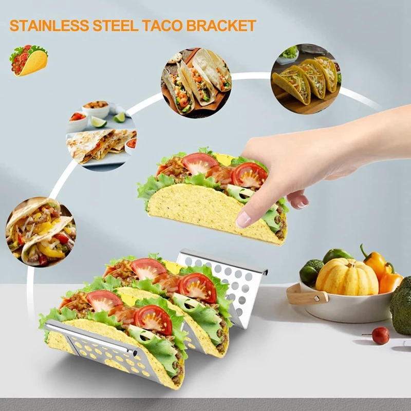 Dudukan Holder Taco, 4 Pak rak berdiri Stainless Steel dengan pegangan, nampan Taco menampung hingga 3 Tacos, dudukan rak Taco