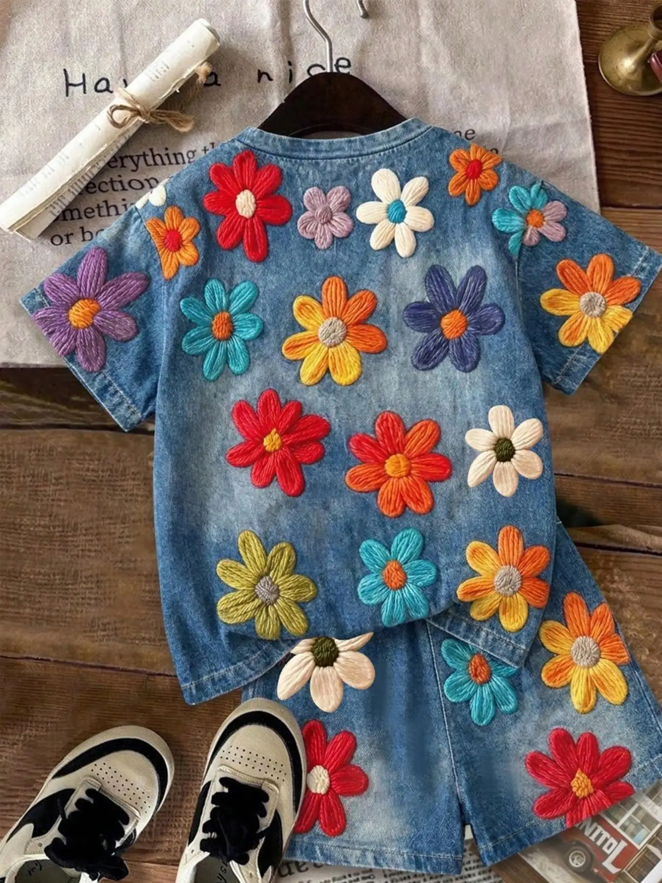 Freizeitoutfit für Mädchen, zweiteiliges Set aus kurzärmeligem Oberteil und Shorts im Denim-Optik-Stil, mehrere Farben, Blumendruck-Set geeignet für Mädchen über 3 Jahre, geeignet für Zuhause, Ausflüge, Reisen und Schulkleidung. – Detail 2