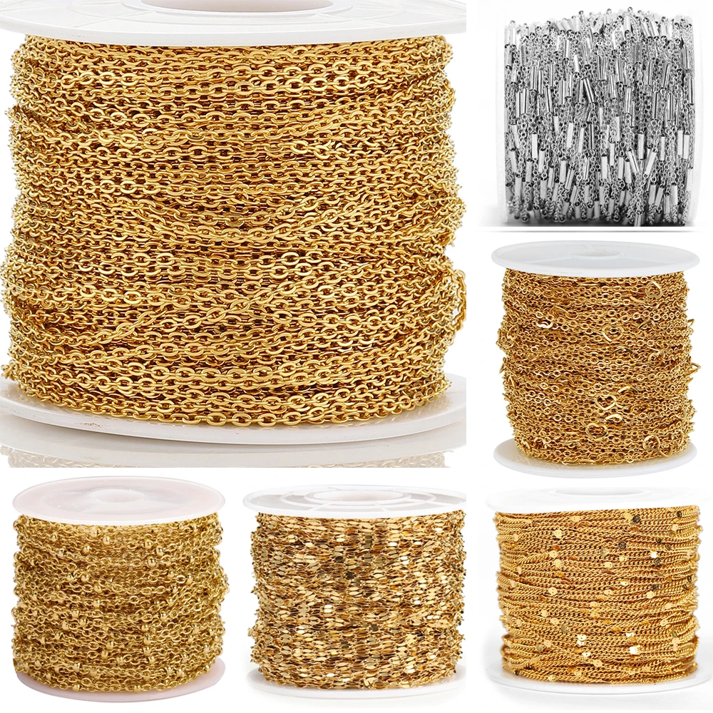 2M Stainless Steel Cable Curb Chains for Jewelry Making DIY Gold Color Tube Beads Chain Necklace Bracelet Accessories Wholesale