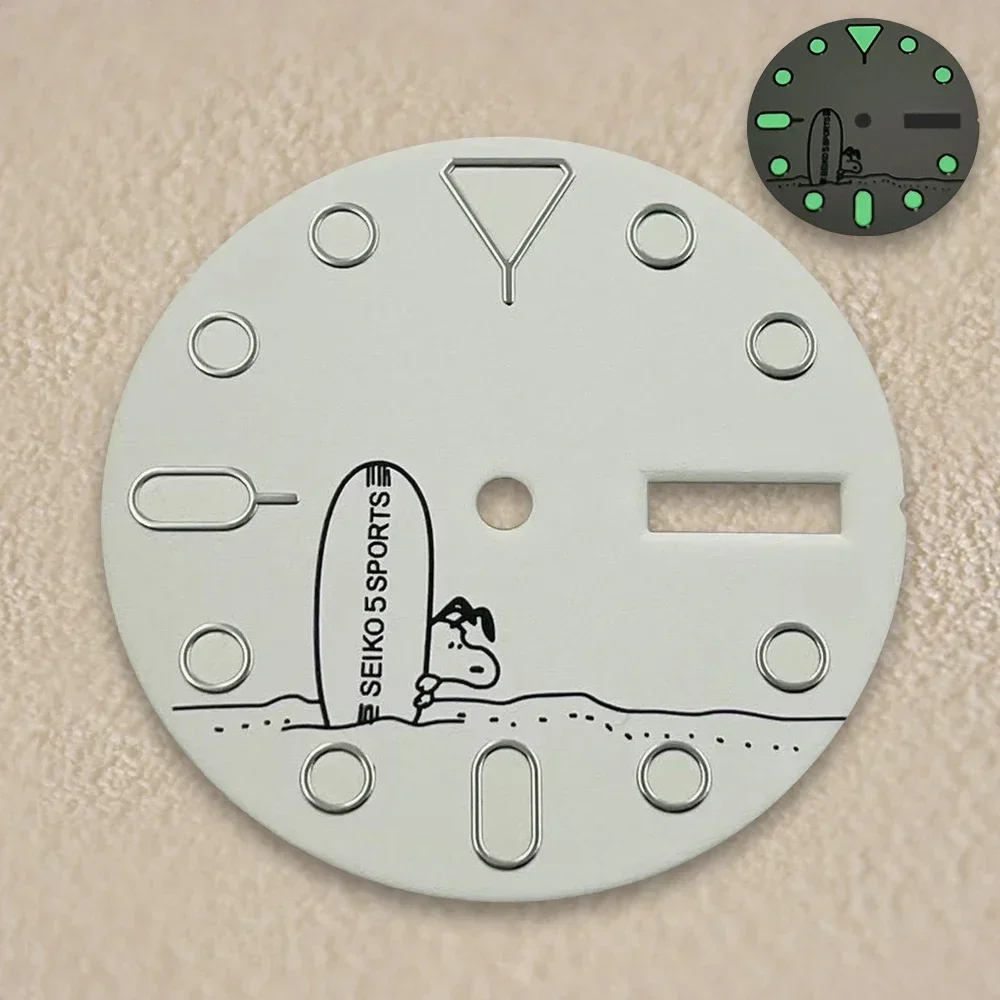 Mostrador de cachorro de desenho animado com logotipo s, 28.5mm, adequado para movimento nh36/nh36a, acessórios de relógio luminoso verde, mostrador branco