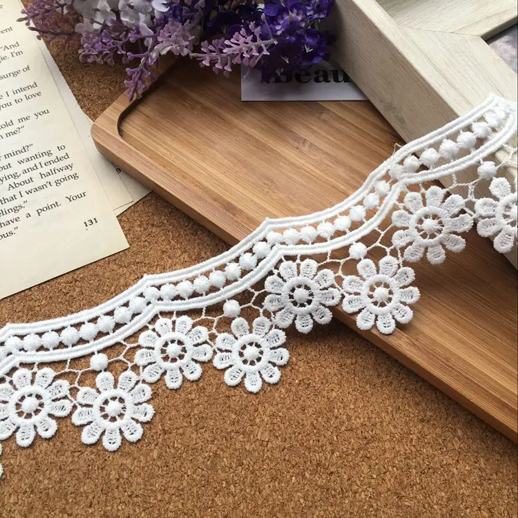 5CM Wide Beautiful White Cotton Embroidered Flowers Lace Fabric Wedding Dress Decorative Lace Edging Trim Ribbon Sewing Guipure