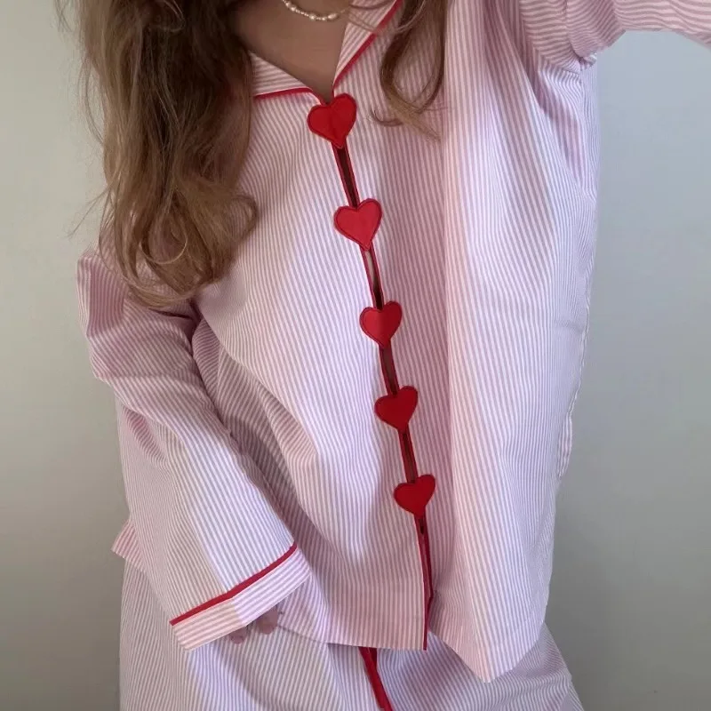 New Korean Version Striped Long Sleeve Couple Pajamas Set XXL Size Spring Collection Women's Homewear Suit Sweet Minimalis Clzym