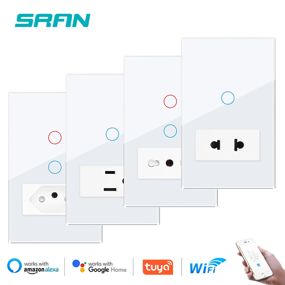 SRAN Tuya inteligentny przełącznik Wi-Fi 1/2 gang Touch Switch, gniazda BR US IT 2pin, panel ze szkła hartowanego, inteligentne życie Google Home
