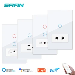 SRAN Tuya wifi smart switch 1/2 gang Touch Switch, BR US IT 2pin sockets, Tempered Glass Panel, smart life Google Home Alexa