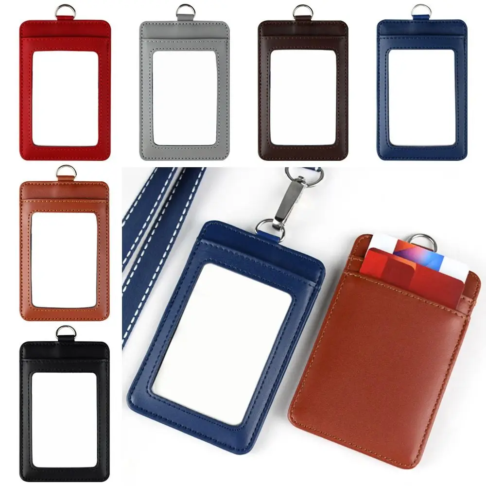 Genuine Leather Three Card Position Card Cover Case Staff Work Card Holder With Lanyard for Company Employes Workers