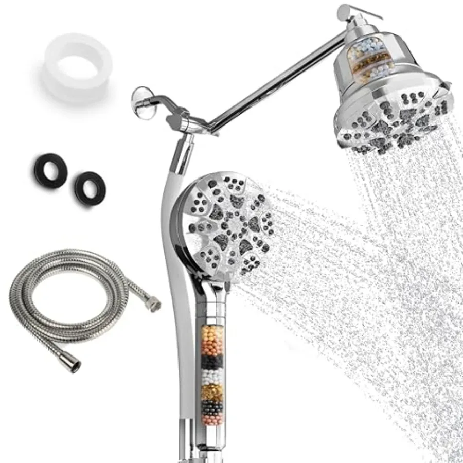 

® Dual Filtered Shower Head Combo Rainfall + Handheld 6 Spray Modes High Pressure Flexible Mount Hard Water Filtration 60" Hose