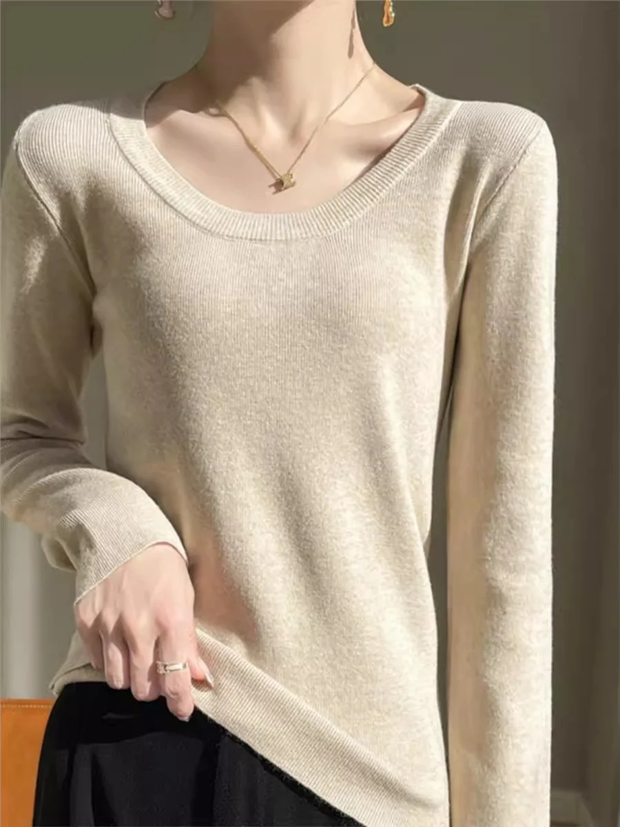 Чистый цвет, круглый Ne Slim Fit Base irt, женский осенний свитер 2024, эластичный сексуальный свитер в рубчик с обнаженной ключицей