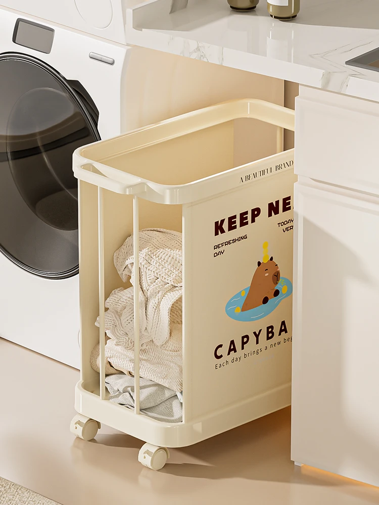 ‌ سلة سلة غسيل كريمية أنيقة، صندوق تخزين كبير للحمام، فتحة واسعة وعجلات ناعمة، منظم قماش متين للمنزل