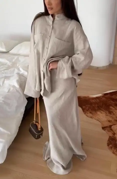 Women's 2025 Autumn/Winter New Solid Color Loose Long Sleeve Shirt High Waist Half Skirt Fashion Set Women's Clothing