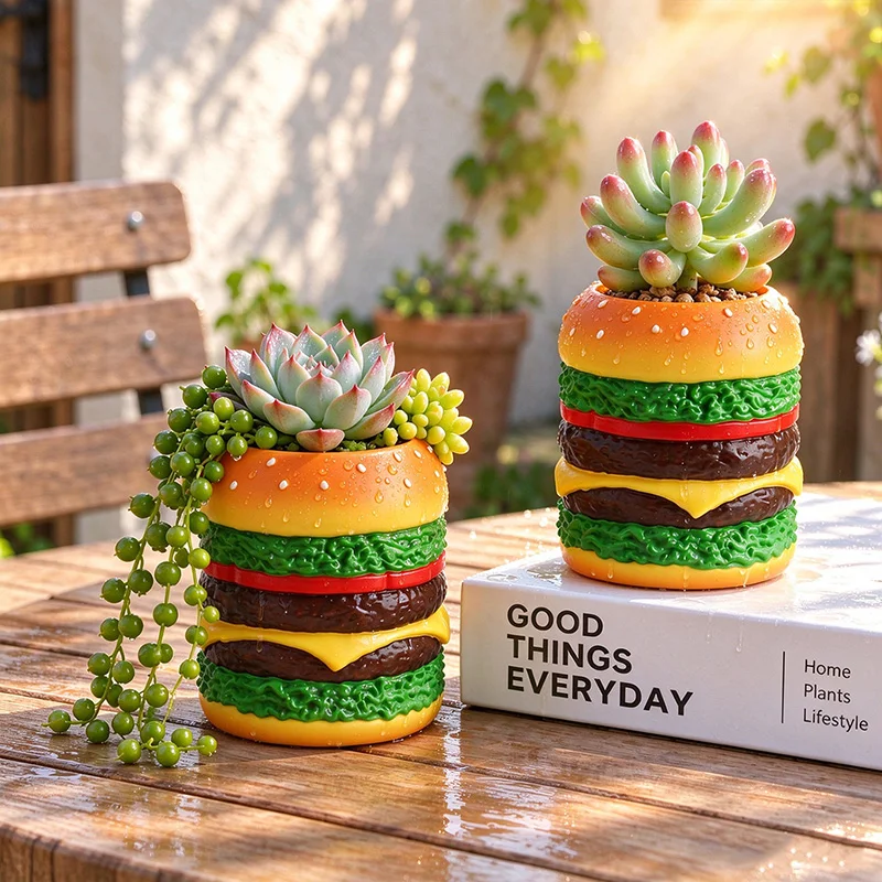 Resin Cute Burger Design Flower Pot Simulation Hamburger Succulent Planter Desktop Organizer Tabletop Home Balcony Decor Gift