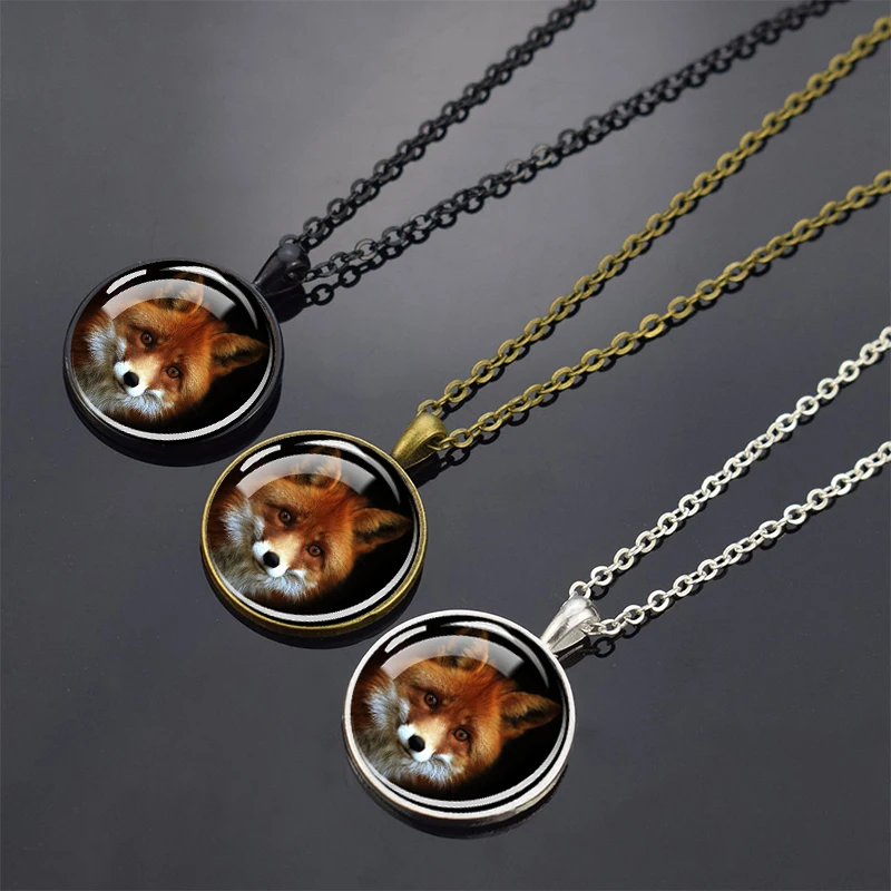 Red Fox and White Fox Necklace, Dome Glass Inlaid Pendant, Zinc Alloy Fashion Animal Jewelry Gift