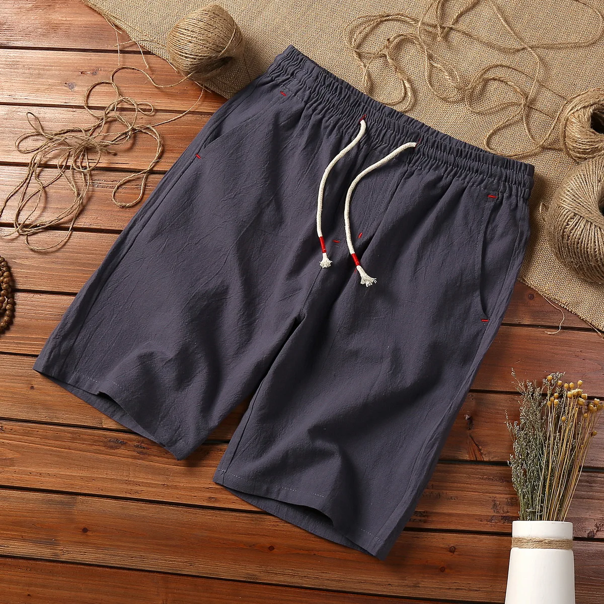 5XL Summer Hot Shorts Men Thin Breathable Solid Color White Loose Sports Casual Cotton Linen Drawcord Short Pants