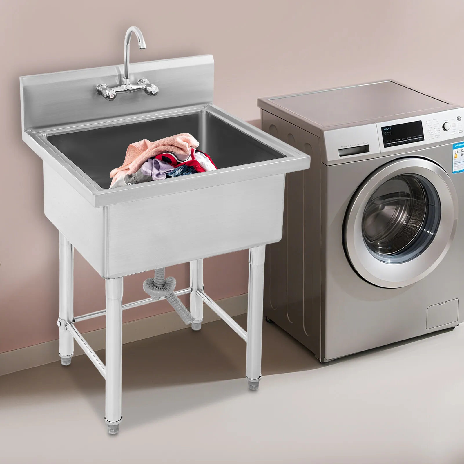 

Single Basin Commercial Sink with Faucet, 304 Stainless Steel Freestanding Kitchen Sink, 27x24x40.5 In Bar Restaurant Prep Sink