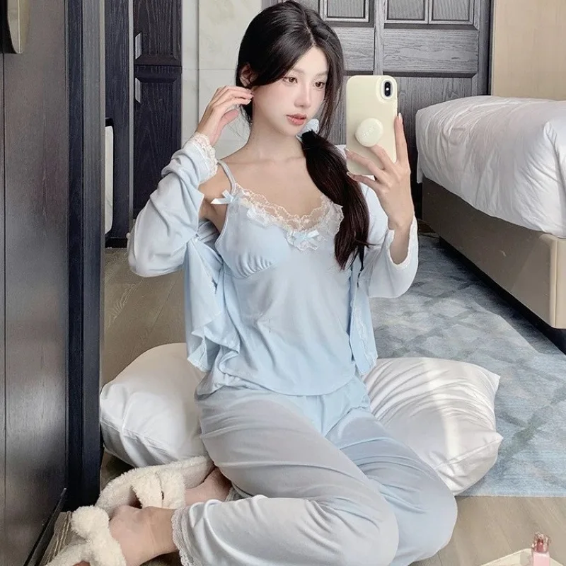 

Pijama Feminino, новый корейский милый комплект одежды для сна, модальные кружевные женские пижамы, весенне-осенняя домашняя одежда, костюм из трех предметов
