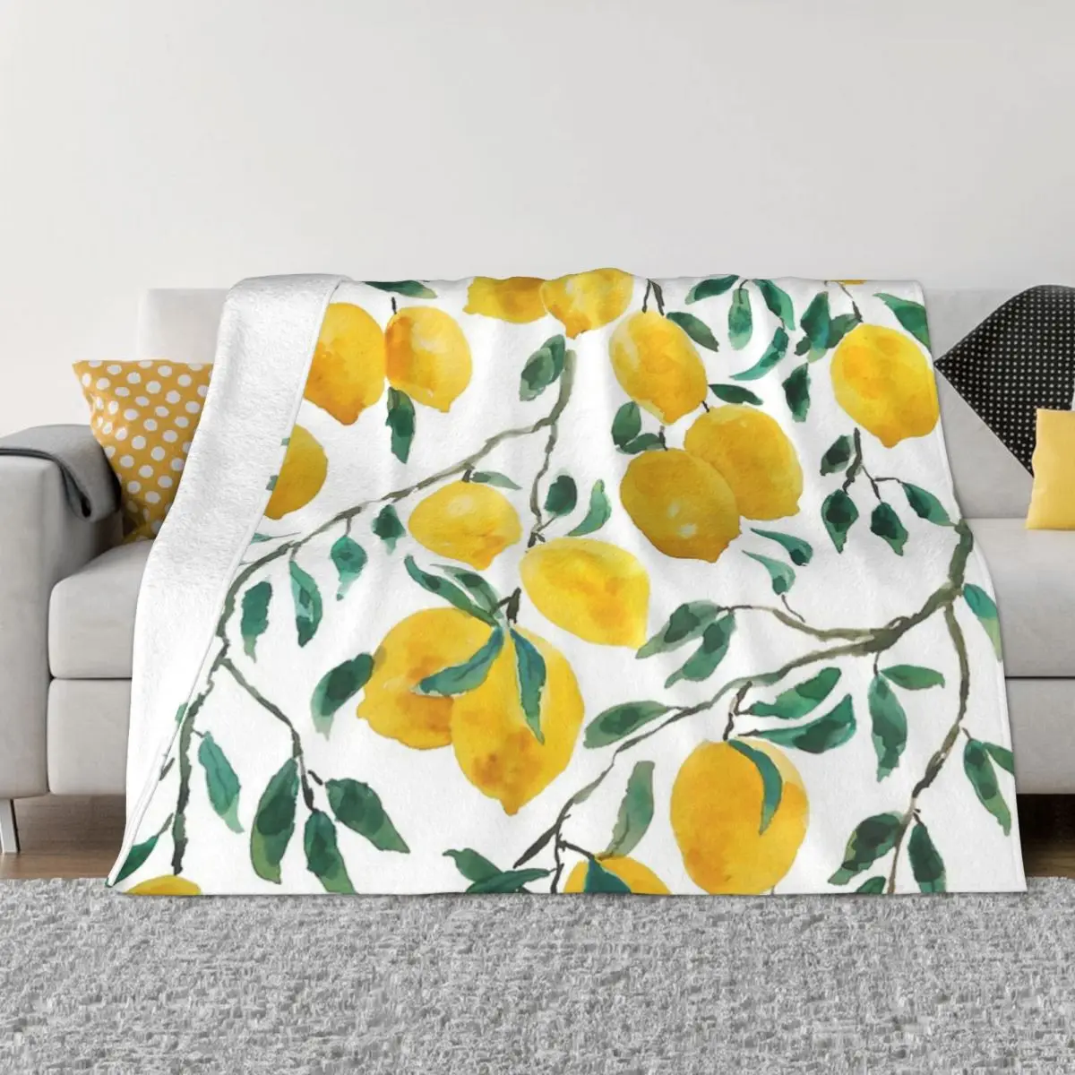 

Hand Painted Watercolor Yellow Lemon Quilt Bed Blankets Throw Blanket Winter Warm Blanket Throw Blanket